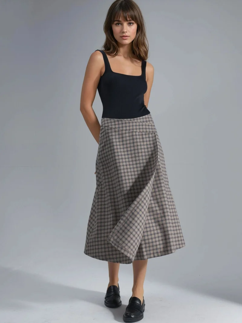 HICCUP High Waist Plaid Midi Skirt